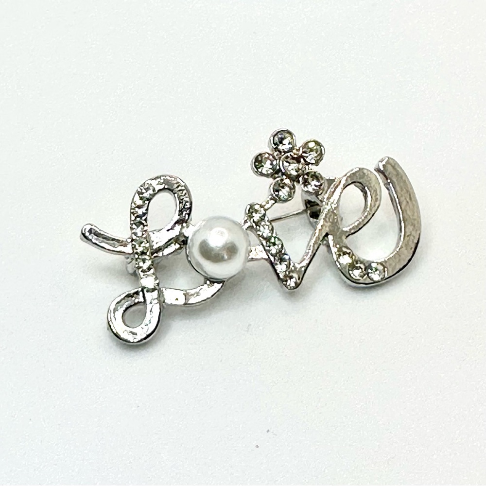 NWOT - Romantic Silver and White Love Script Brooch